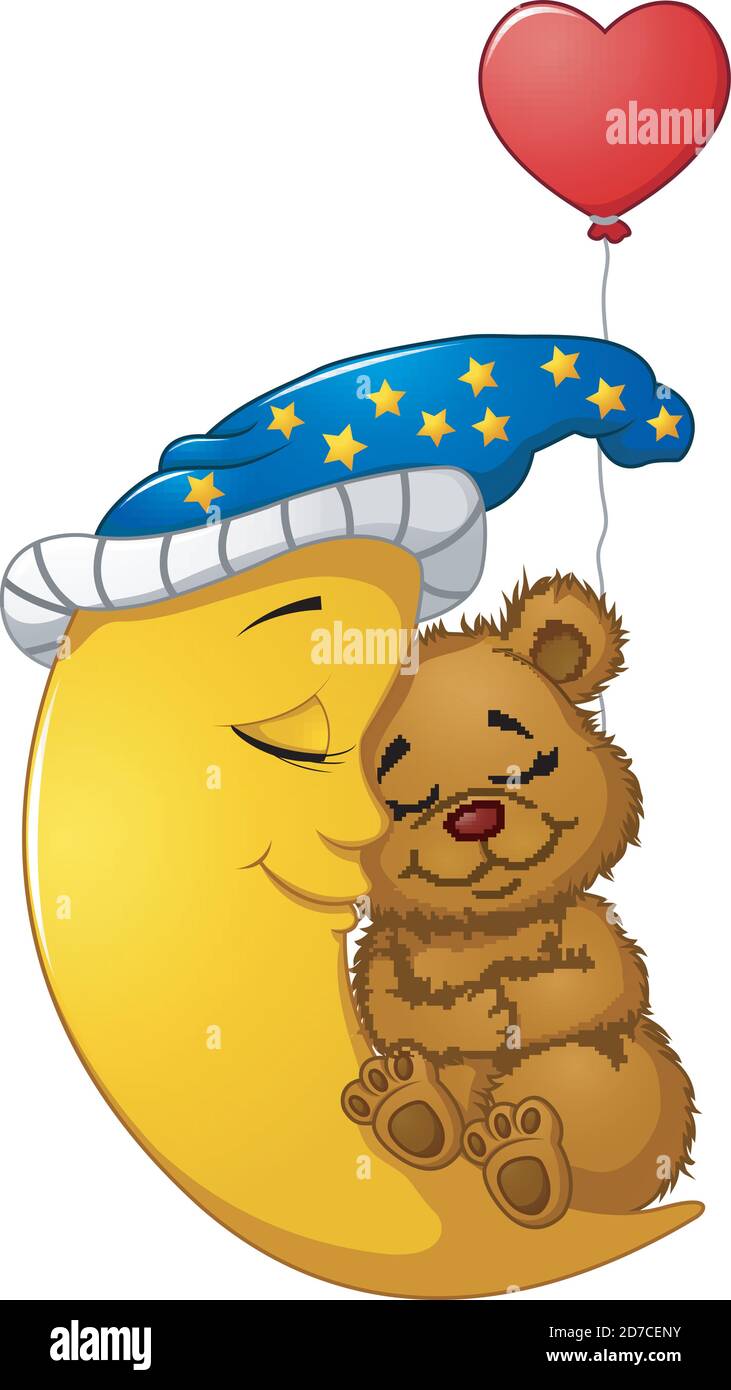 Vector illustration of Cartoon teddy bear sleep on the moon Stock ...