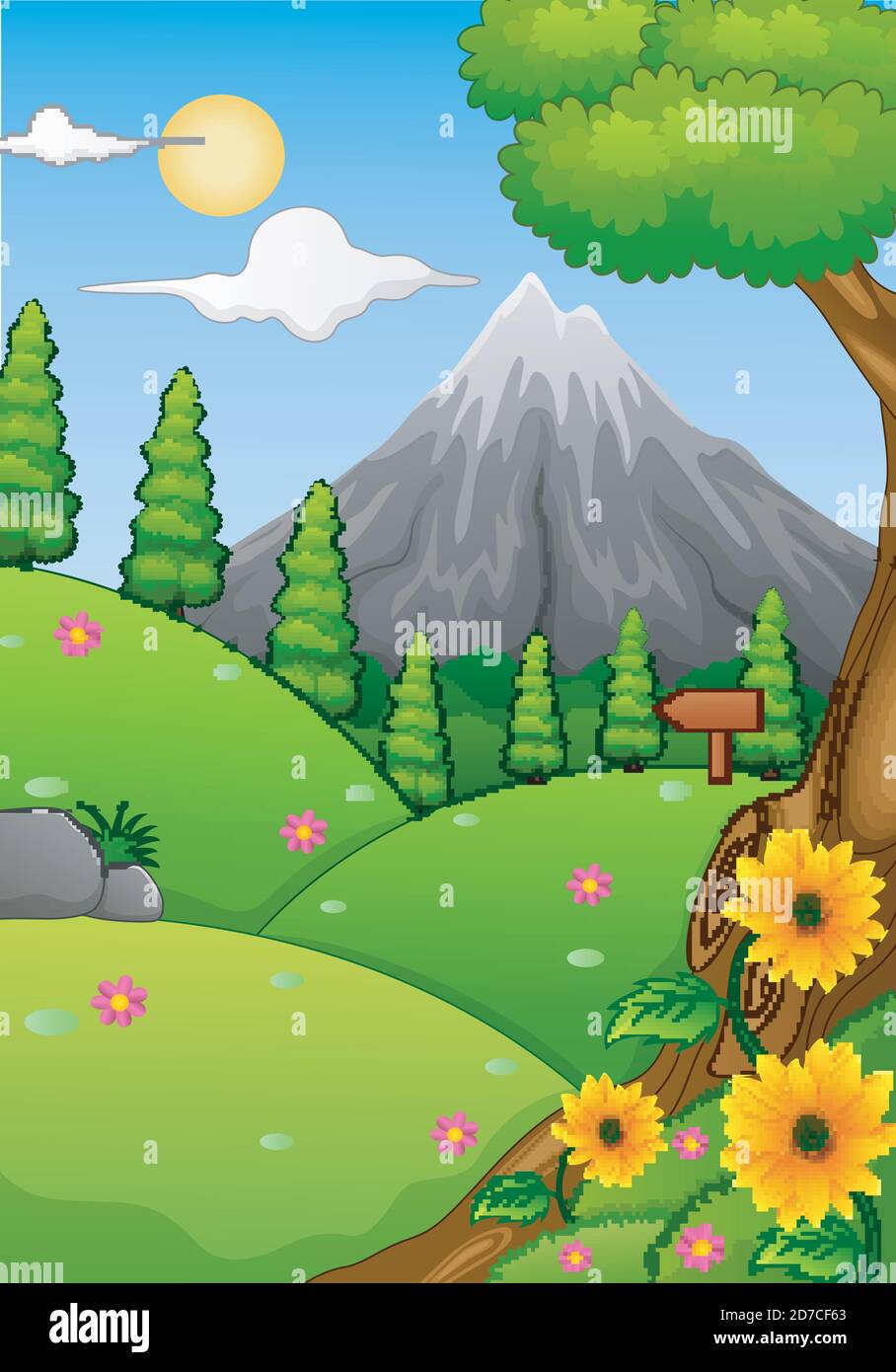 Vector illustration of Summer landscape with mountain and hills Stock ...
