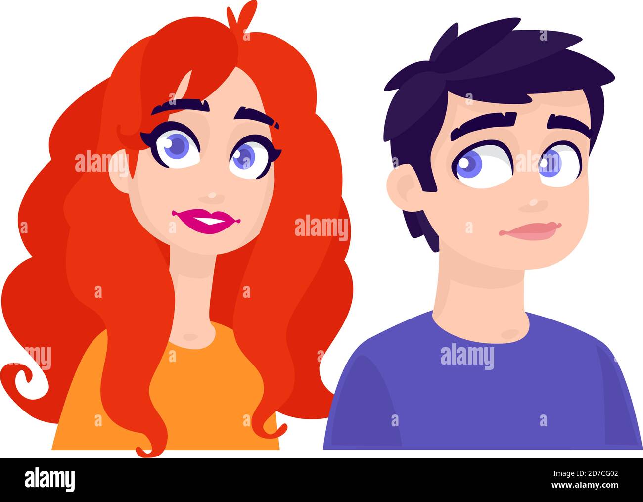 Illustration of a girl and a guy. Vector. A pair of a man and a redhead woman. Two characters for advertising and games. Vivid images with big eyes. Stock Vector