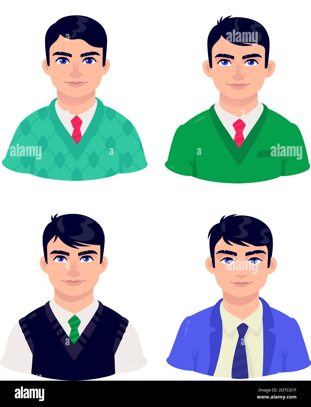 Illustration of young people. Vector. Cartoon businessman of mature age. Characters for advertising and design. Vivid images with big eyes. Profile av Stock Vector