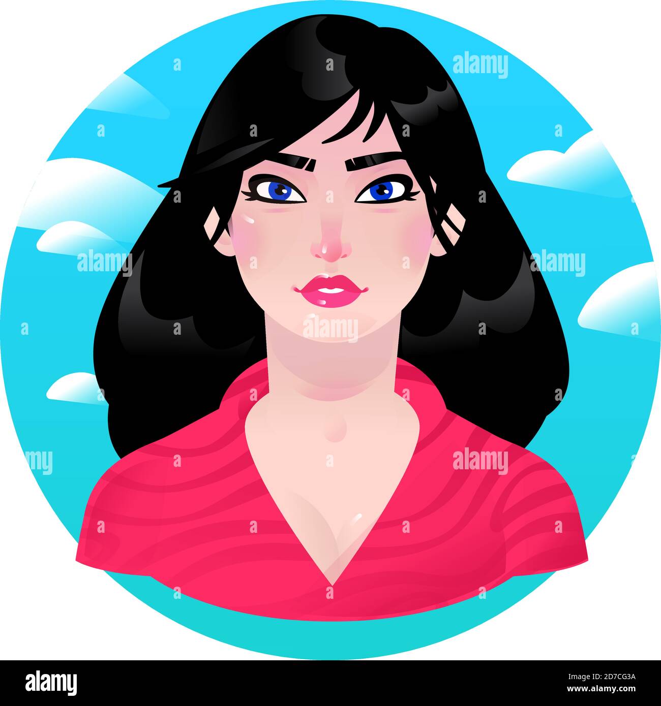 Illustration of a young brunette girl. Vector. Cartoon Asian woman with long black hair. Character for advertising and design. Bright image of a busin Stock Vector