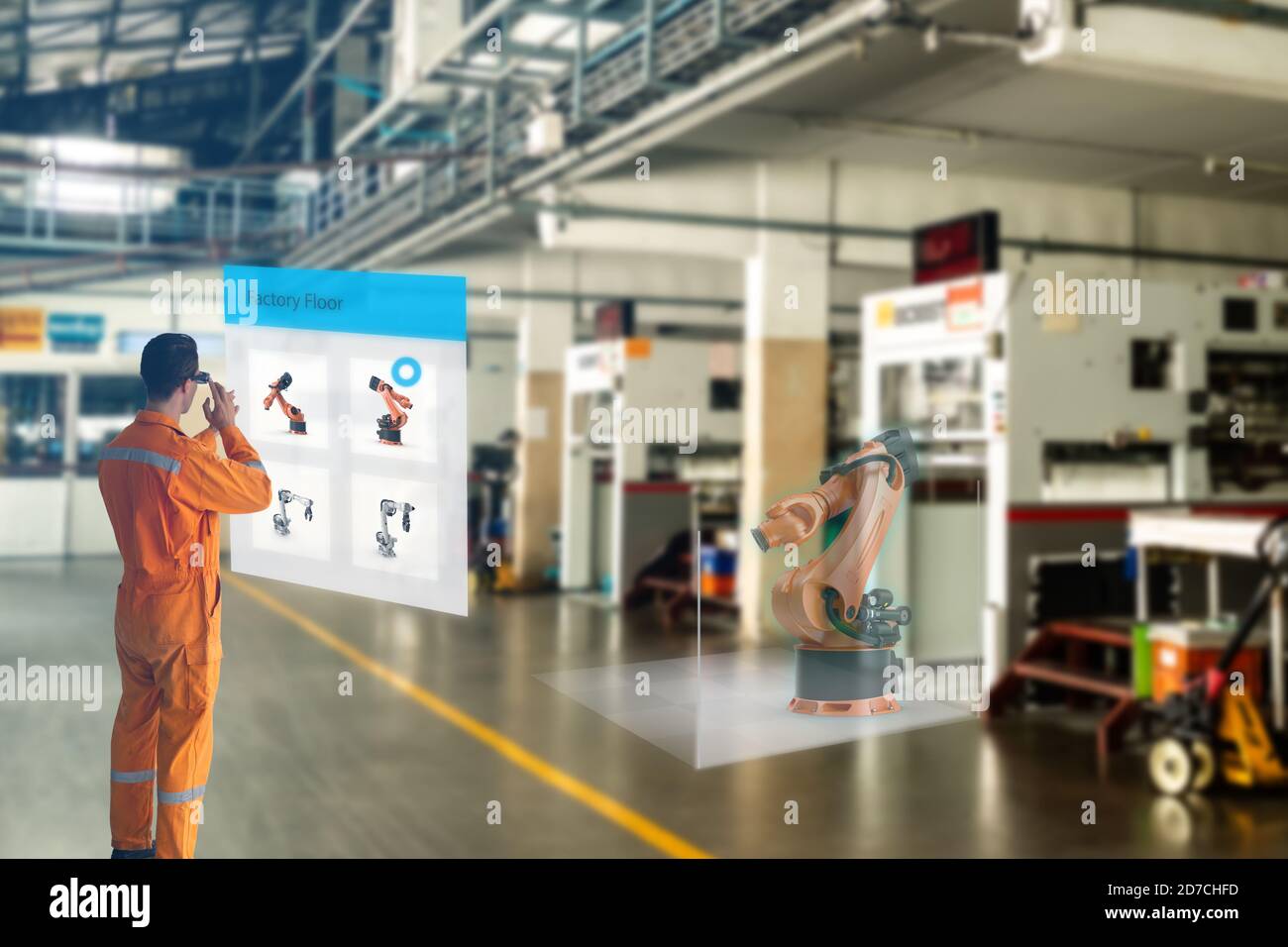 smart factory which use futuristic technology which combine big data, iot, 5g, machine deep learning, automation robot, augmented mixed virtual realit Stock Photo