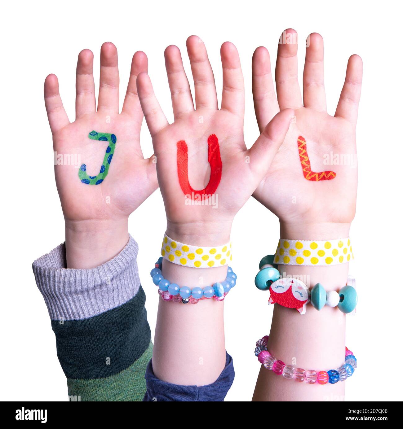 Children Hands Building Word Jul Means Christmas, Isolated Background Stock Photo