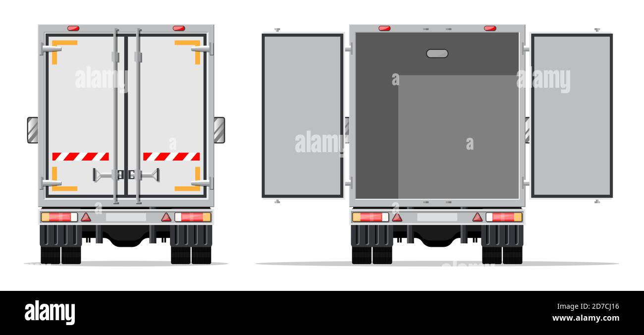 Truck trailer rear view side with closed and open doors. Delivery van isolated. Express delivering services commercial truck. Fast and free delivery by car. Cargo logistic. Flat vector illustration Stock Vector
