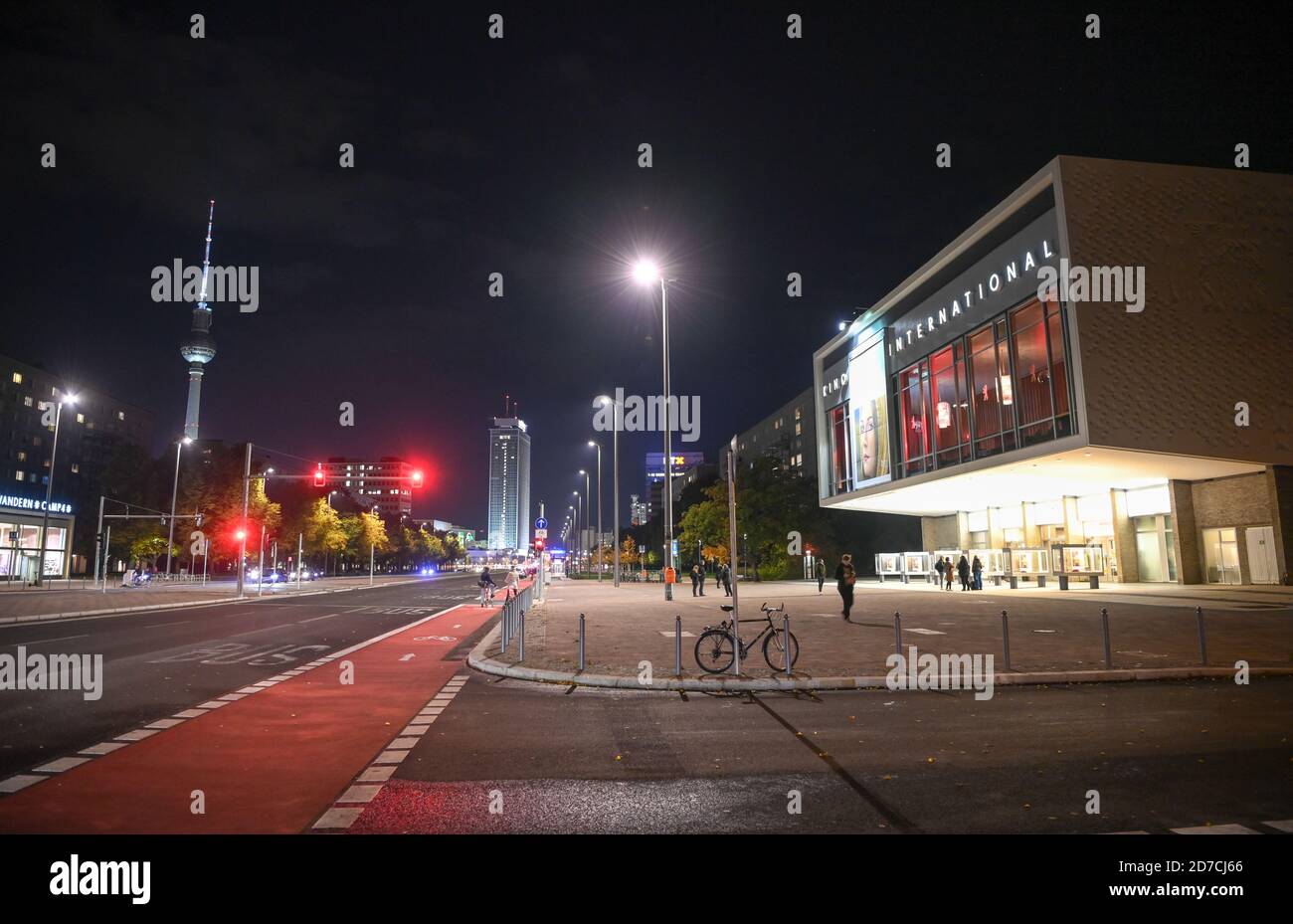 Berlin, Germany. 21st Oct, 2020. The television tower, the Hotel Park Inn and the Kino International on Karl-Marx-Allee with a view towards Alexanderplatz in the evening. Credit: Jens Kalaene/dpa-Zentralbild/ZB/dpa/Alamy Live News Stock Photo