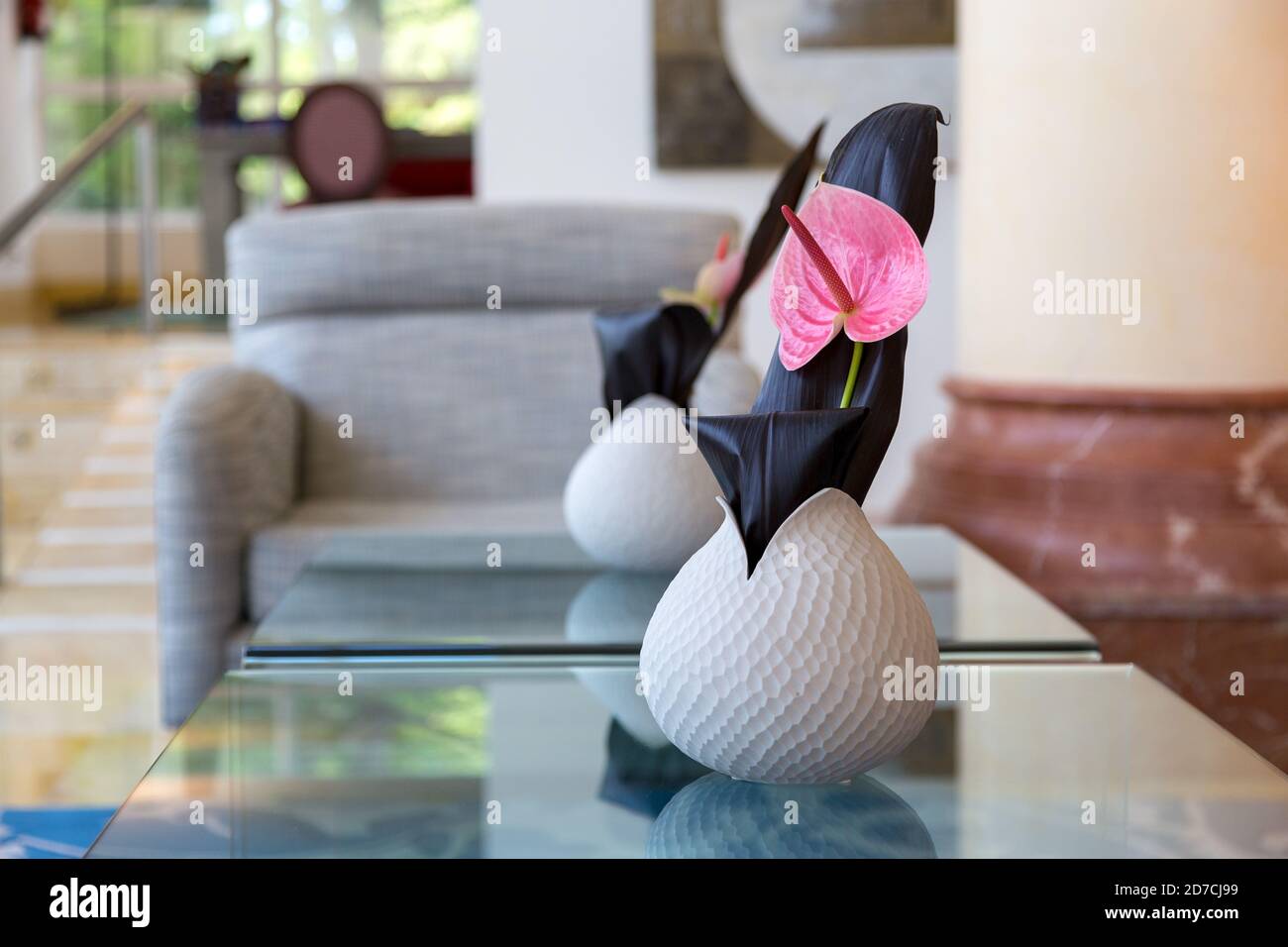 5 star hotel lobby.Floral interior design. Pink Anthurium Aracea flower bouquet Laceleaf Tailflower Flamingo flower in a white vase on a glass table. Stock Photo