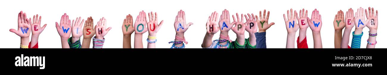 Children Hands Wish You A Happy New Year, White Background Stock Photo