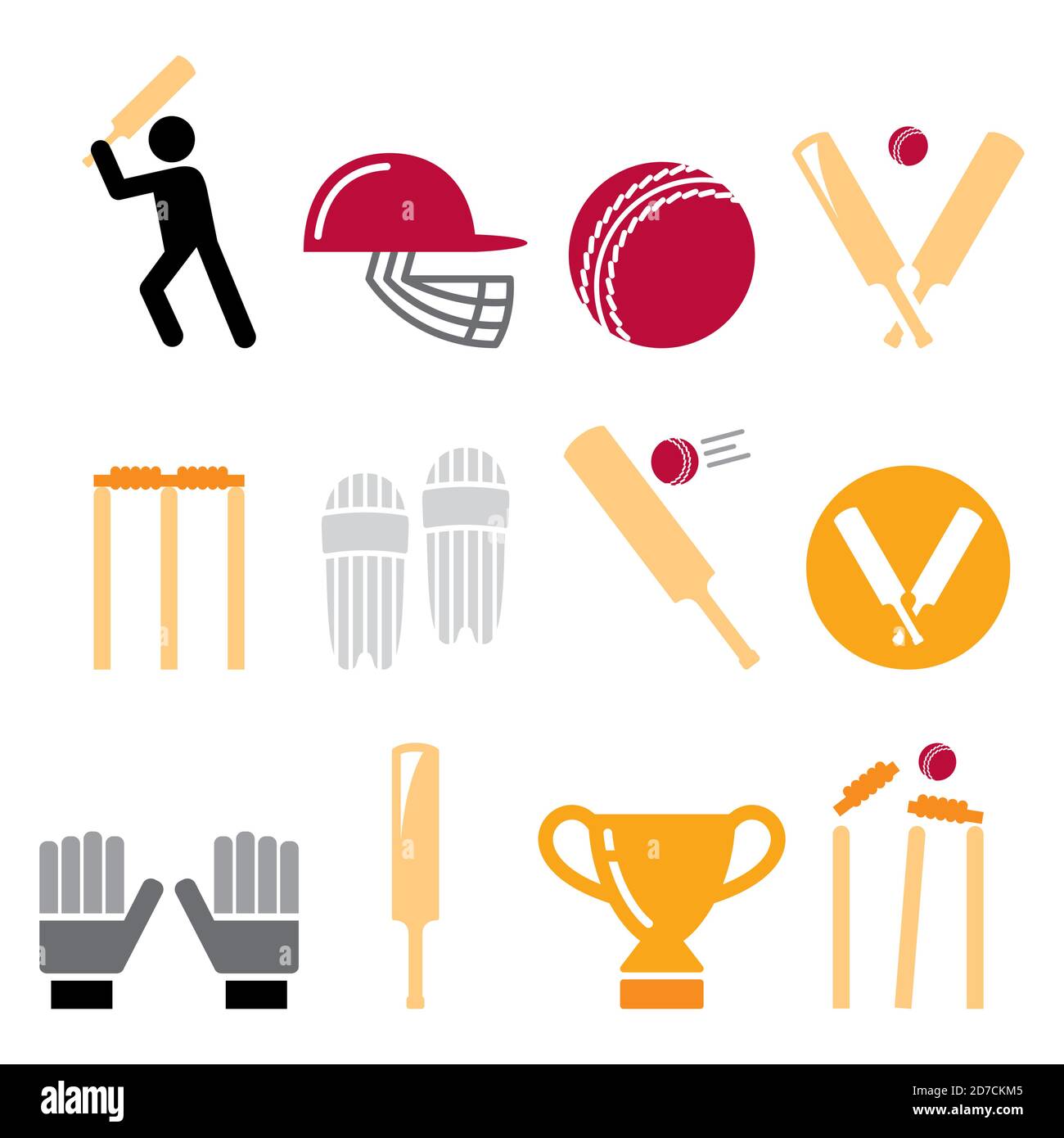 Cricket bat, man playing cricket, cricket equipment - sport vector icons set Stock Vector