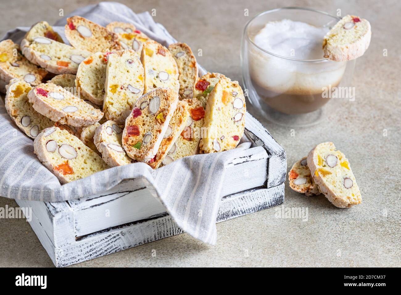 Italian homemade biscotti or cantuccini with almond and dry fruits and