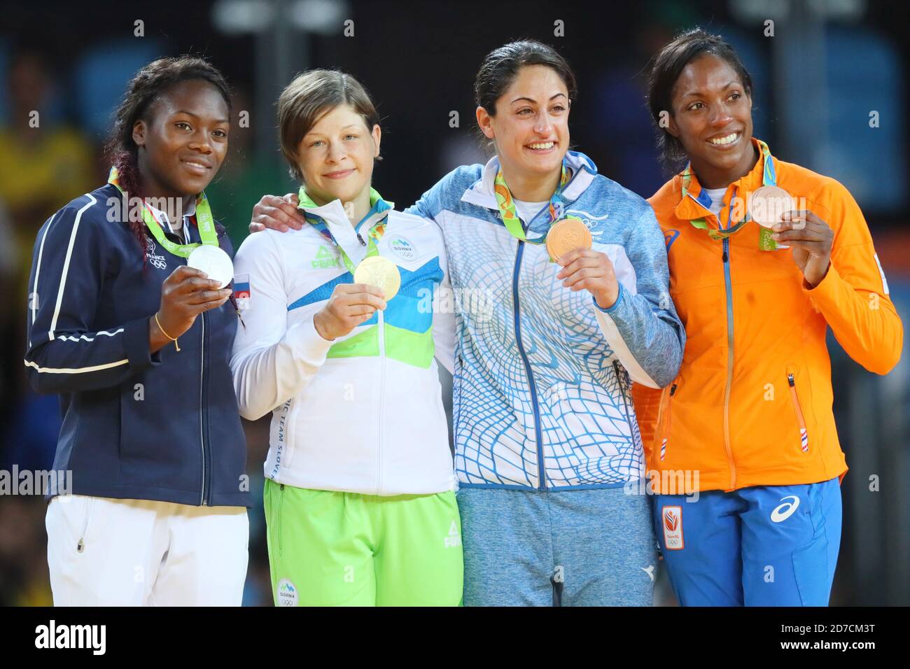 Rio de Janeiro, Brazil. 9th Aug, 2016. (L to R) Clarisse Agbegnenou (FRA), Tina Trstenjak (SLO), Yarden Gerbi (ISR), Anicka Van Emden (NED) Judo : Women's -63kg Medal Ceremony at Carioca Arena 2 during the Rio 2016 Olympic Games in Rio de Janeiro, Brazil . Credit: YUTAKA/AFLO SPORT/Alamy Live News Stock Photo