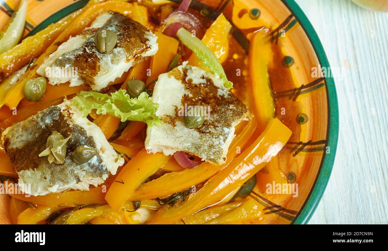 Italian Baccala mediterraneo Dried and salted cod with paprkia close