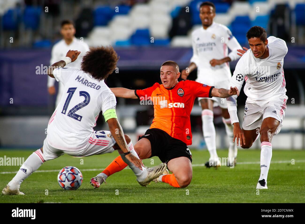 iktor Kornienko of Shakhtar Donetsk and Marcelo Vieira of Real Madrid in action during the UEFA Champions League, Group Stage, Group B football match Stock Photo