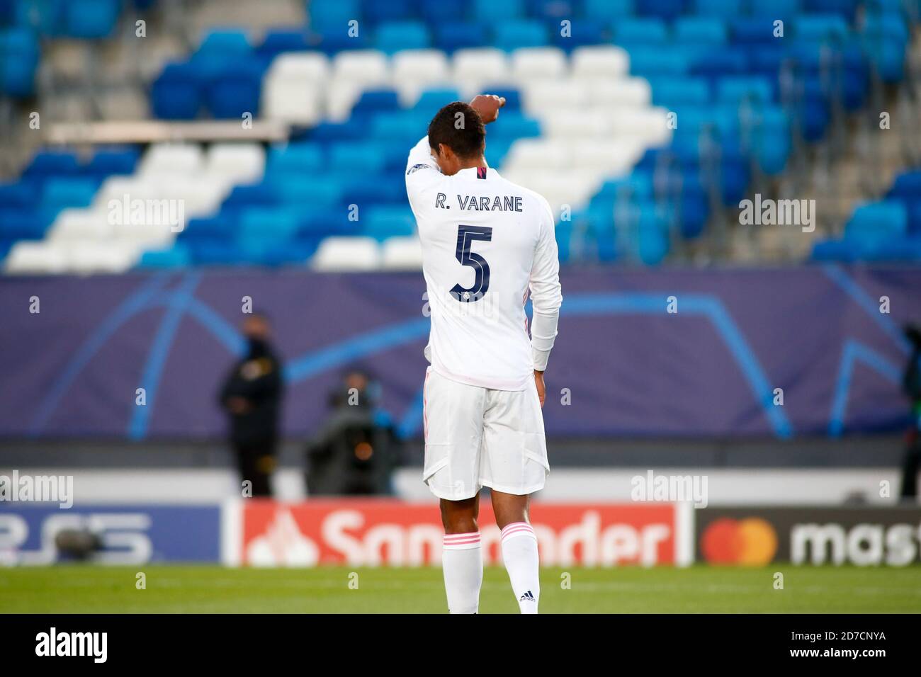 aphael Varane of Real Madrid dejected during the UEFA Champions League, Group Stage, Group B football match between Real Madrid and Shakhtar Donetsk Stock Photo