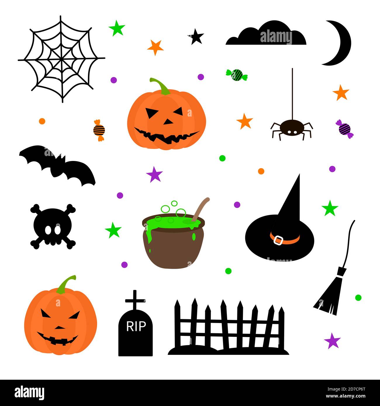 Happy Halloween elements set - brooms spider web skull bones, graves, fence, pumpkin, moon, cloud, bat, spider, witch hat. Stock vector illustration Stock Vector