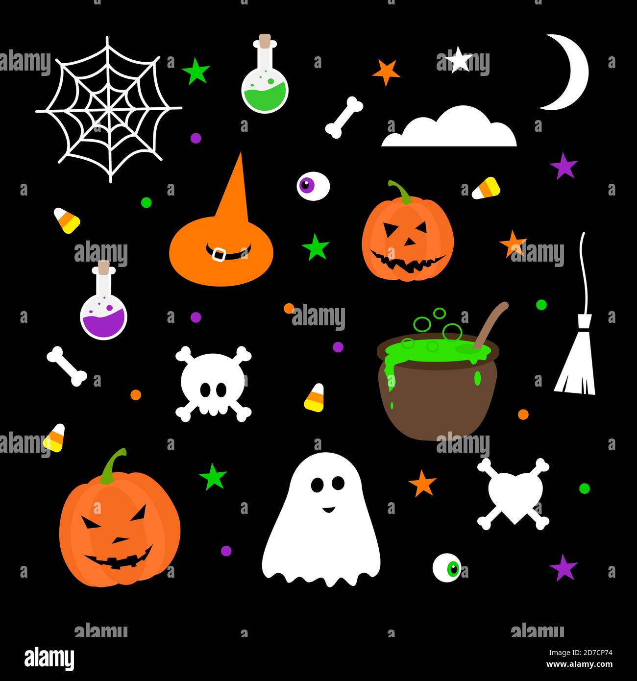 Happy Halloween elements set - brooms spider web skull bones graves, fence, pumpkin, moon, cloud, bat, spider, witch hat. Stock vector illustration on Stock Vector