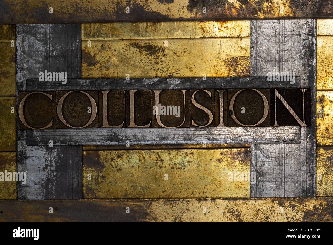 Collusion text message on vintage textured grunge copper and gold background Stock Photo