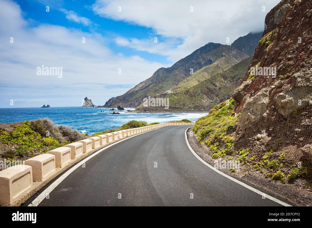 Scenic ocean road at the Macizo de Anaga mountain range, Atlantic Ocean coast of Tenerife, Spain. Stock Photo
