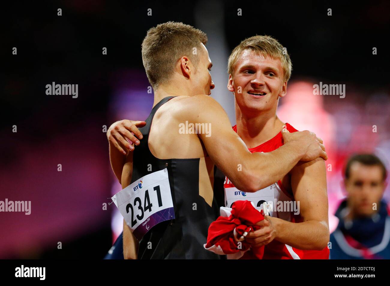 London, UK. 31st Aug, 2012. (L-R) Markus Rehm (GER), Daniel Jorgensen (DEN) Athletics : Men's Long Jump F42/44 Final during the London 2012 Paralympic Games at Olympic Park - Olympic Stadium in London, UK . Credit: AFLO SPORT/Alamy Live News Stock Photo