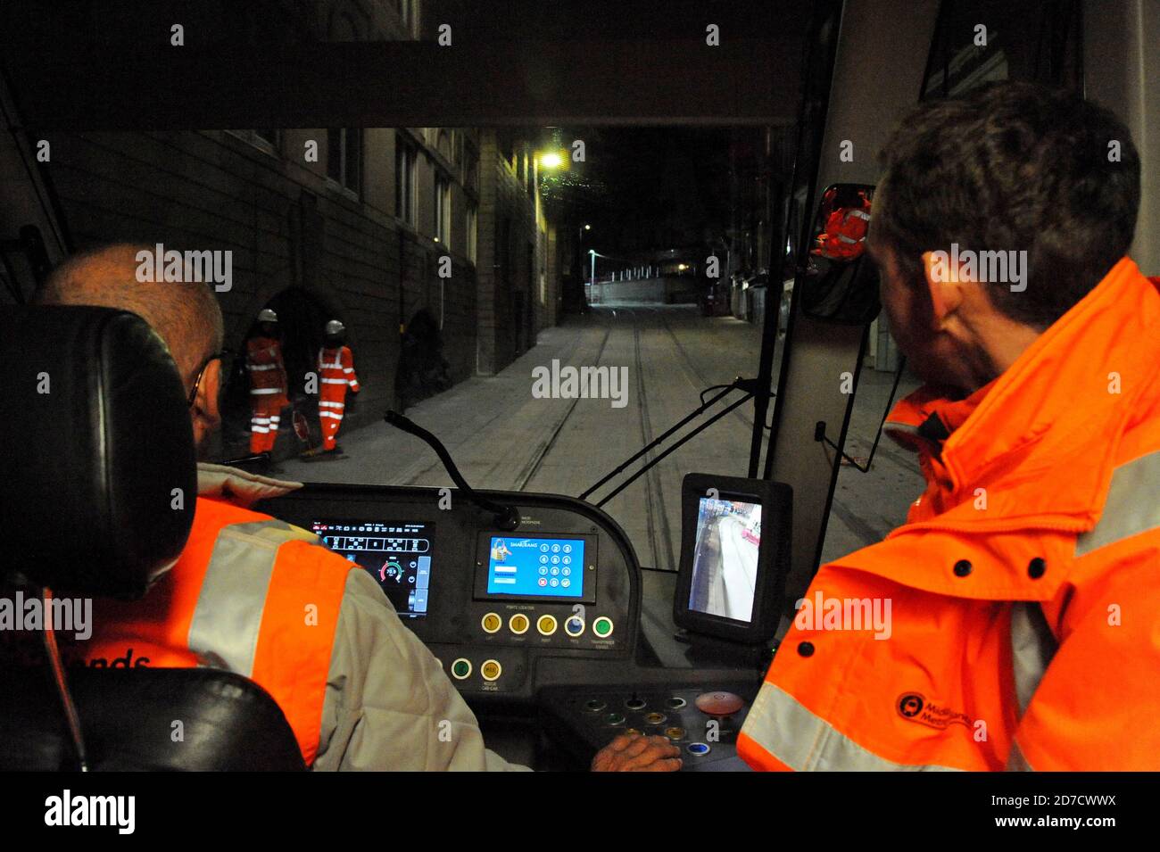 Night testing of the UK's first battery powered trams on a new section of the West Midlands Metro tram network, Centenary Square, Birmingham 30/10/19 - Stock Image