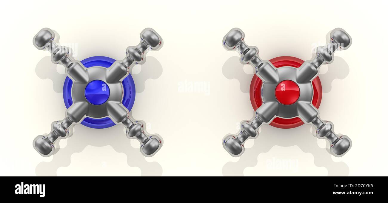 Handles of water valves for cold and hot water. Isolated. 3D illustration Stock Photo