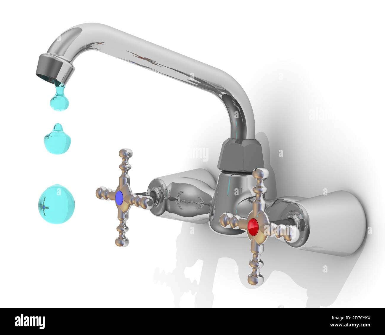Dripping water tap. The concept of malfunction of the tap. 3D illustration Stock Photo