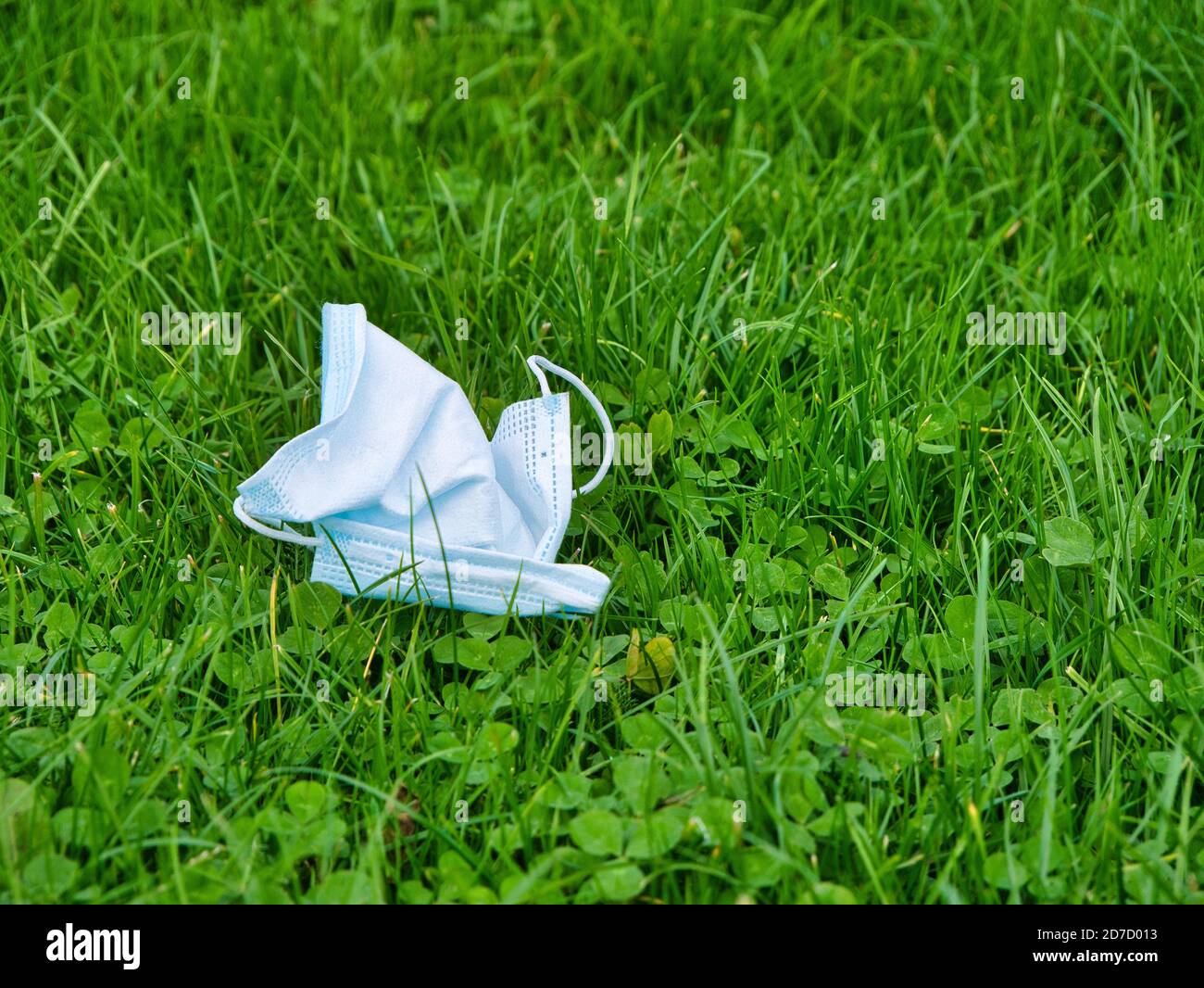 A used, blue surgical face mask used for COVID-19 PPE protection, discarded as litter on grass in a rural area Stock Photo