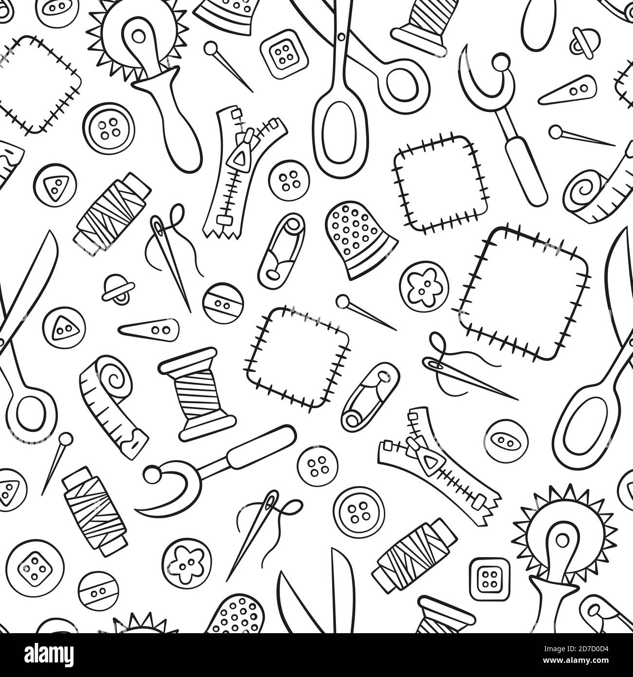 Tools and accessories for Sewing and needlework. Seamless pattern in doodle and cartoon style. Stock Vector