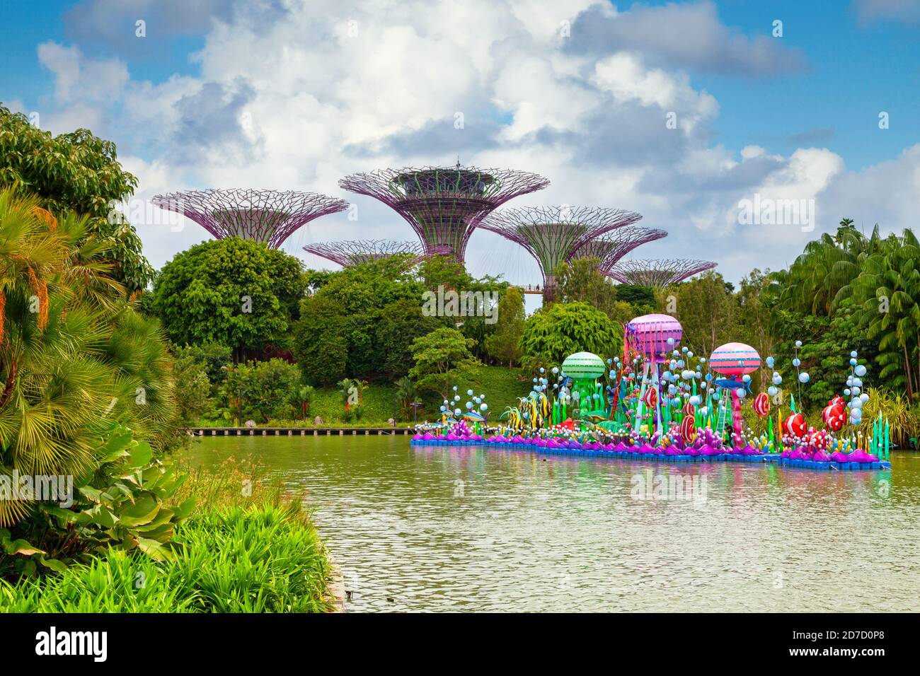 Marina South, Singapore - September 05 2018: The Supertree Grove is a unique vertical gardens in Gardens by the Bay resembling towering trees, with la Stock Photo
