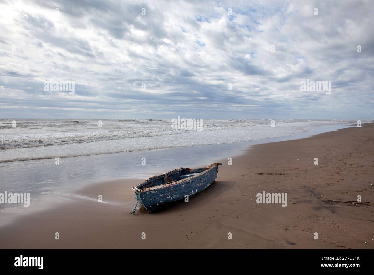 Abandoned boat at the Trabucador Beach. Delta de l´Ebre, Tarragona, Costa Daurada, Catalonia, Spain. Stock Photo