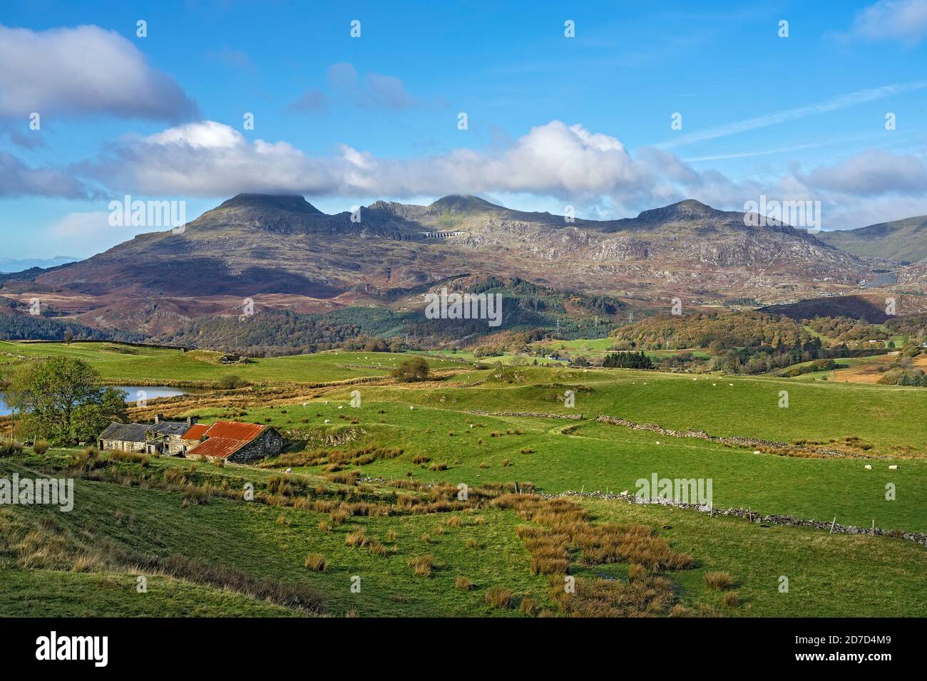 Moelwyn Mountains looking west from near Llan Festiniog with Moelwyn Bach on the left and Moelwyn Mawr in the center North Wales UK October 2019 3098 Stock Photo