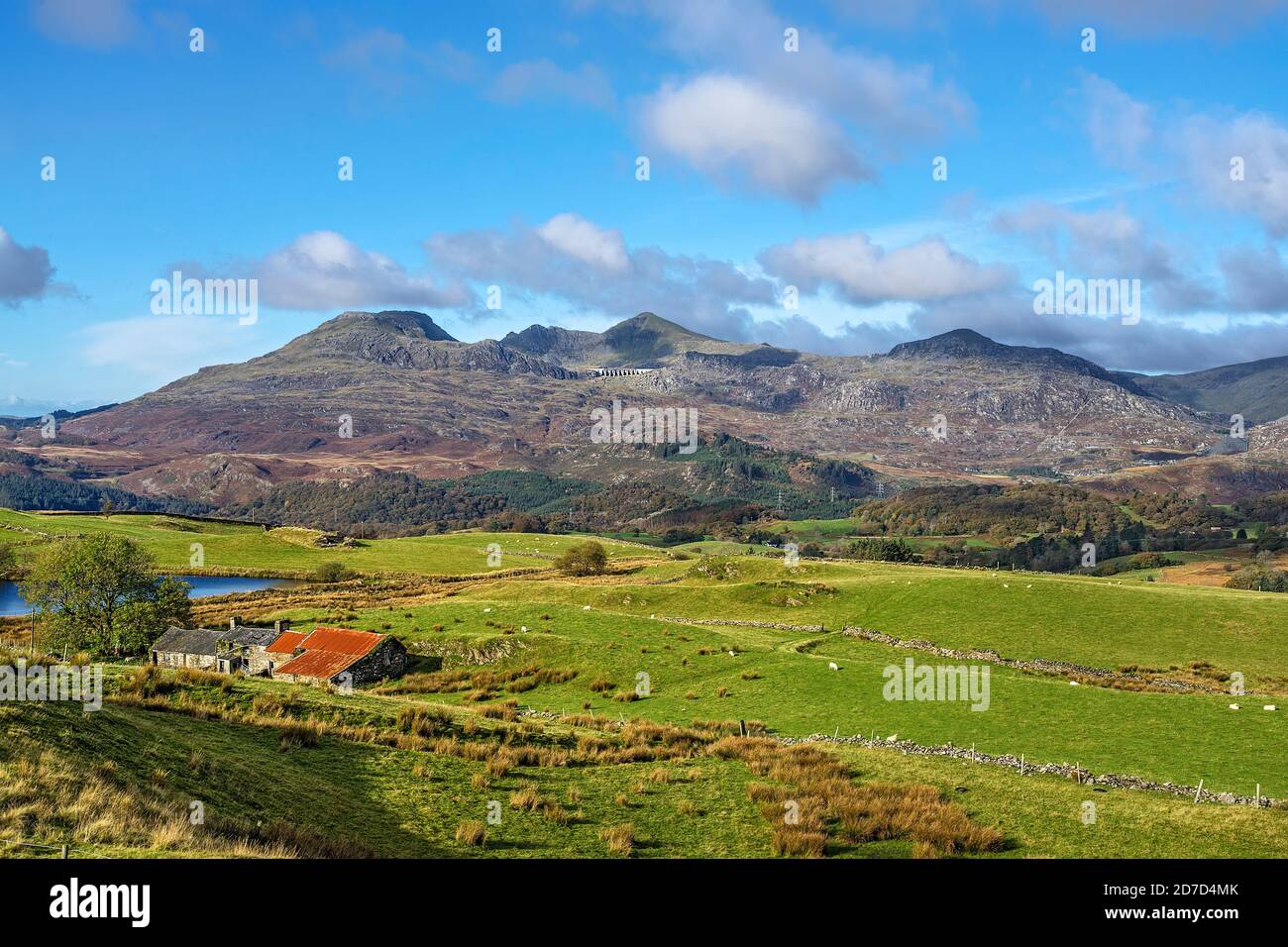 Moelwyn Mountains looking west from near Llan Festiniog with Moelwyn Bach on the left and Moelwyn Mawr in the center North Wales UK October 2019 3138 Stock Photo