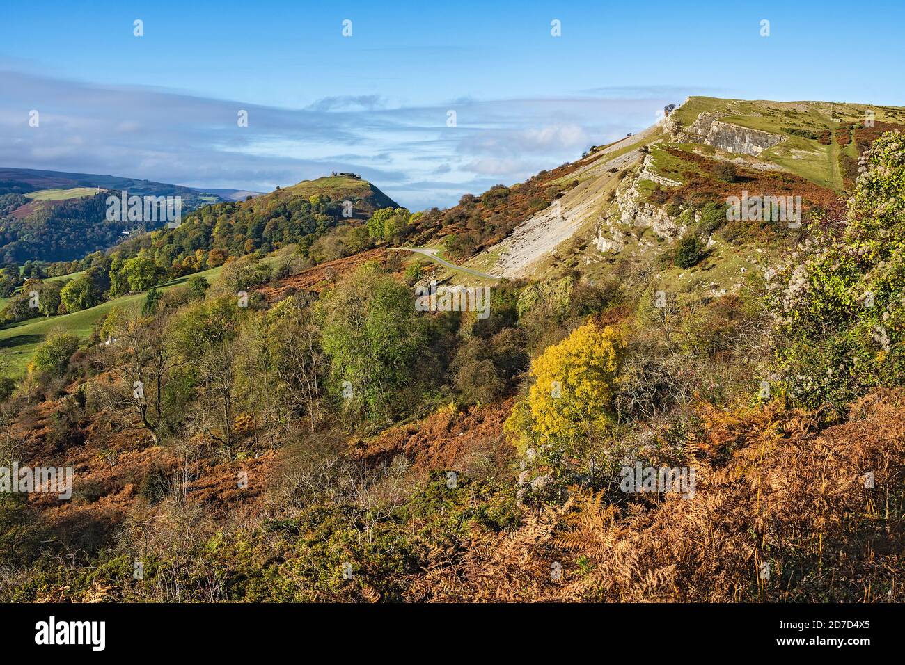 Panorama walk on Ruabon Mountain with Castell Dinas Bran at top of hill left and the Eglwyseg limestone escarpment on right North Wales UK Stock Photo