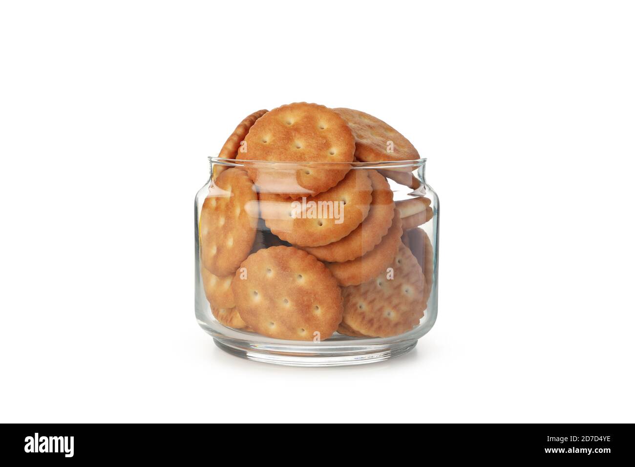Glass jar with cracker biscuits isolated on white background Stock