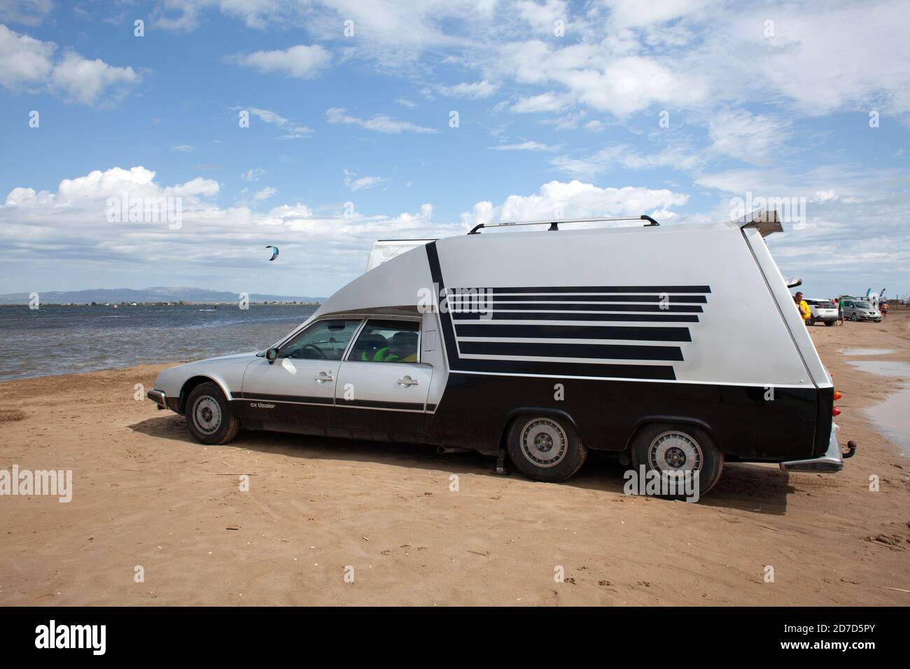 Citroën CX Tissier mobil home at the Trabucador Beach, Delta de l´Ebre, Tarragona, Costa Daurada, Catalonia, Spain. Stock Photo