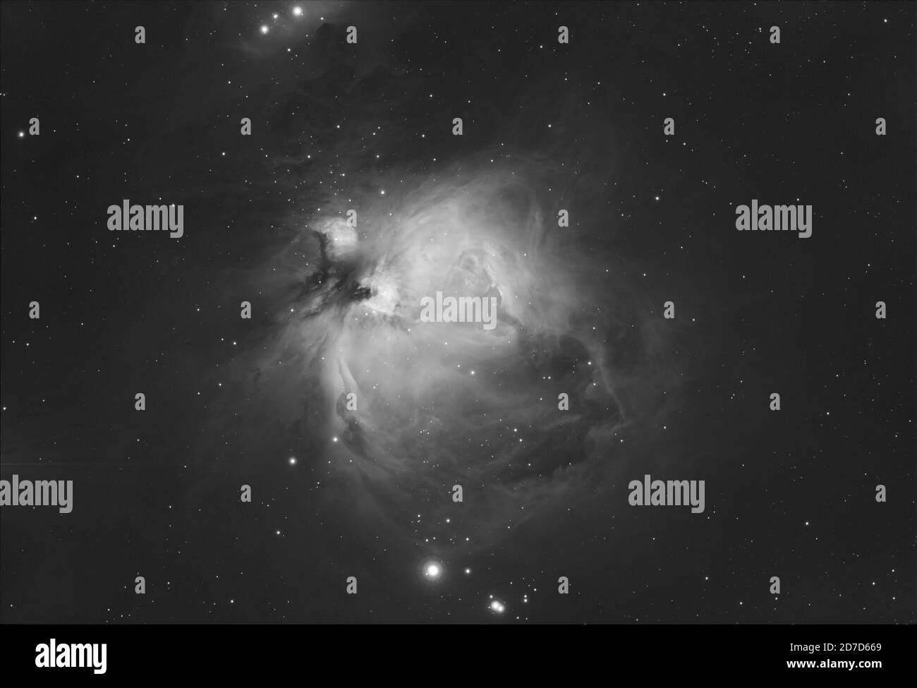 London, UK. 22 October 2020. Clear early morning sky over London allows photographer to take detailed monochrome image of the Orion Nebula using a narrowband filter to pick up Hydrogen emission region of this vast gas cloud 1344 light years from Earth. Exposure time 1 hour taken with a monochrome astrophotography camera cooled to -15 degrees. Credit: Malcolm Park/Alamy Stock Photo