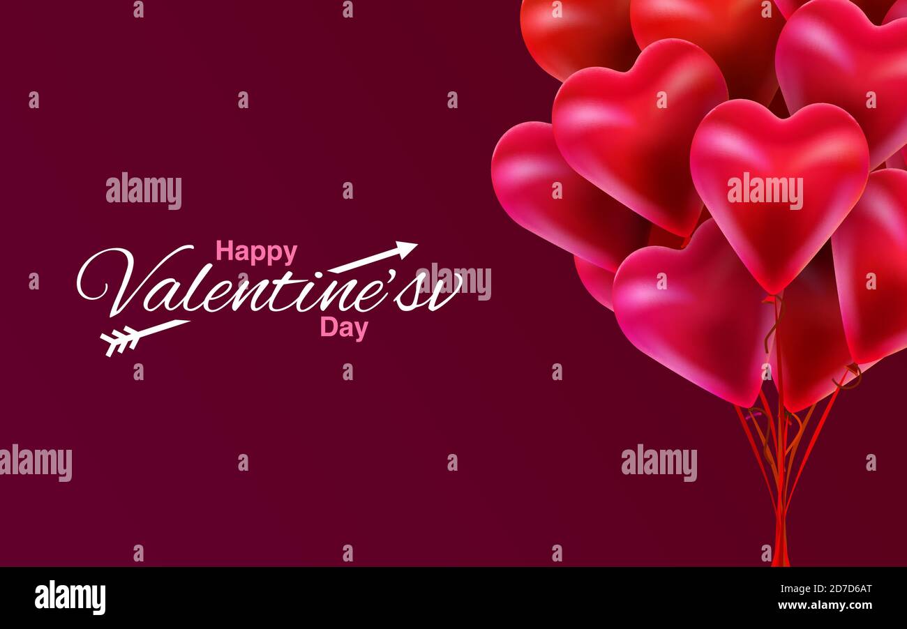Flying bunch of red balloon hearts. Happy Valentines Day. Vector ...