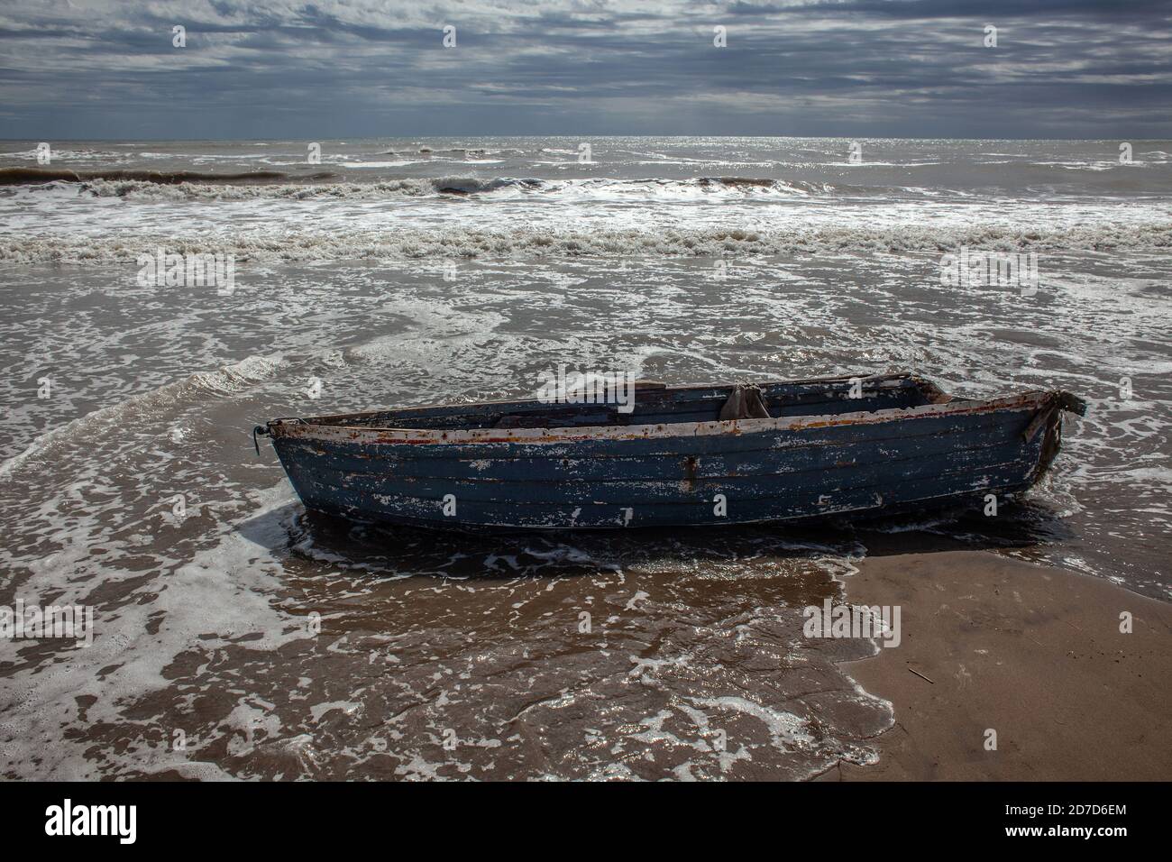Abandoned boat at the Trabucador Beach. Delta de l´Ebre, Tarragona, Costa Daurada, Catalonia, Spain. Stock Photo