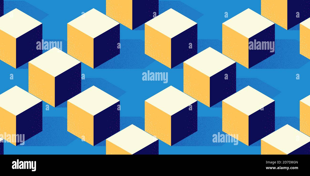 Seamless pattern with cube or box shape on blue background in modern dotted texture style Stock Vector