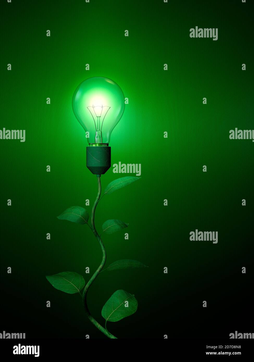 Green Light Lamp Bulb on Stem with Leaves. Green Energy Concept. 3D illustration Stock Photo