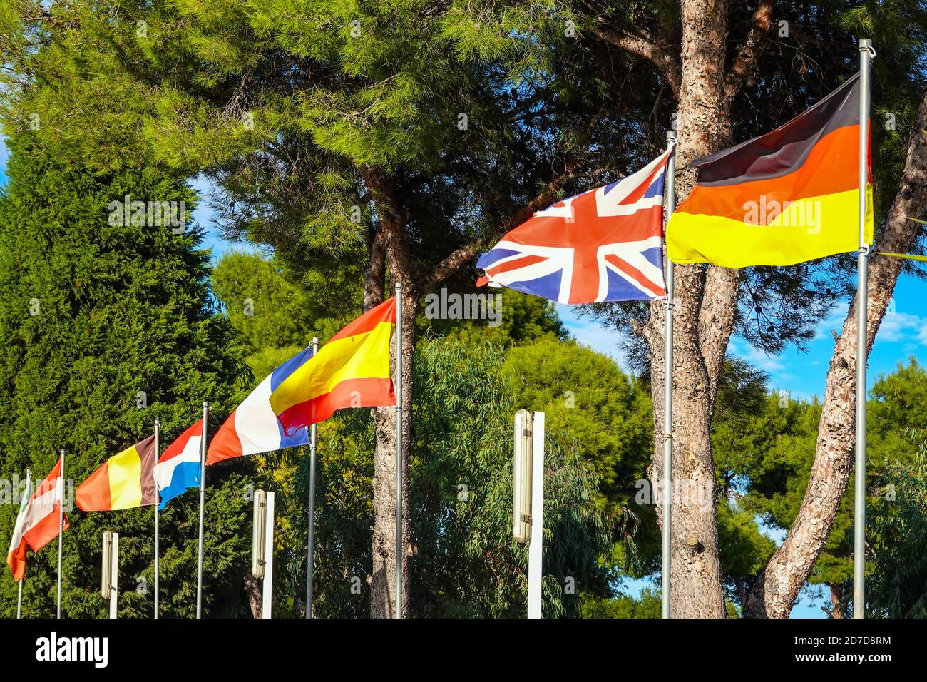Colourful flags of European nations at campsite Orpesa, Orpesa del Mar, Valencia, Valencia Province, Spain Stock Photo