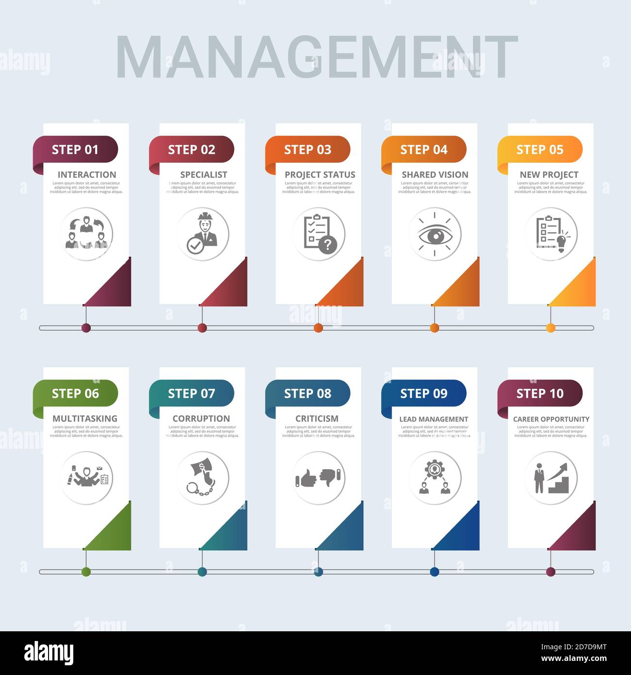 Infographic Management template. Icons in different colors. Include ...