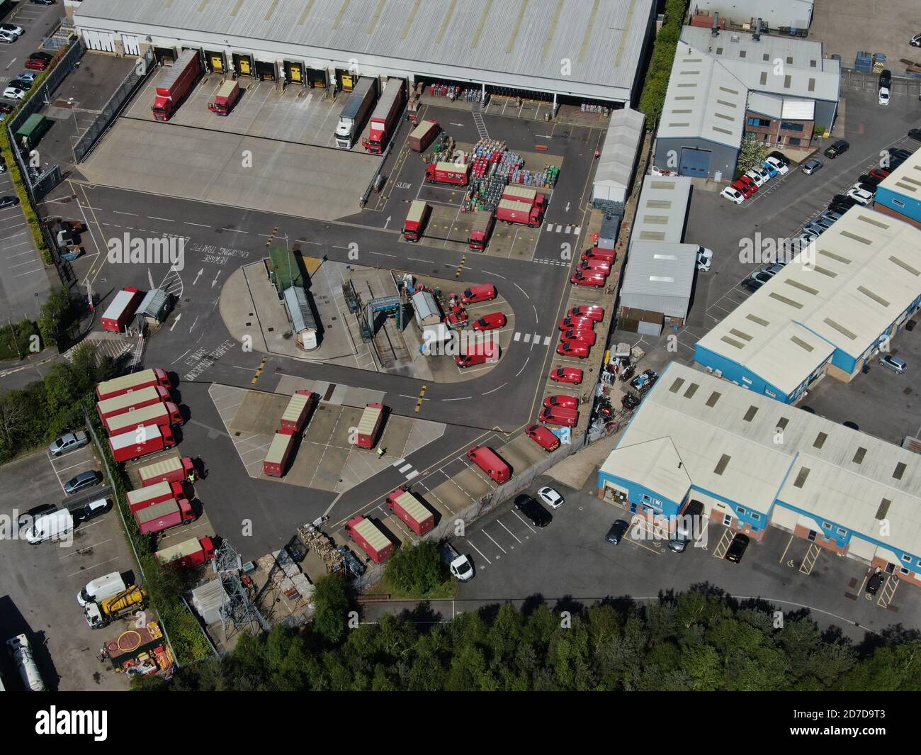 aerial view of Royal Mail sorting depot with lorries and sorting depot Stock Photo