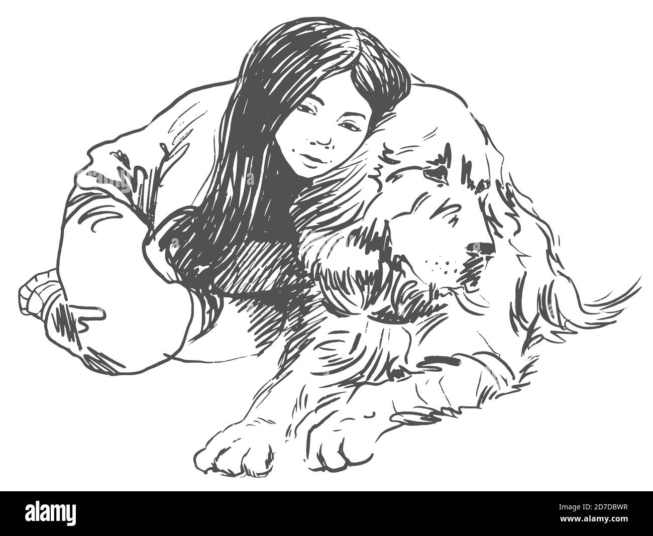 Cute little girl hugging her friend big dog Tibetan mastiff sketch Hand drawn vector illustration Stock Vector
