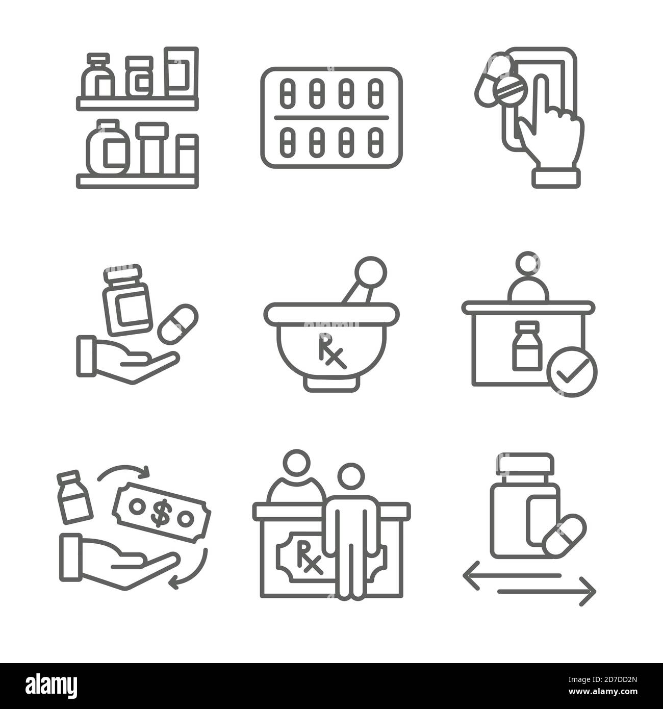 Pharmaceuticals, medication icon set with mortar and pestle, pharmacy, otc Stock Vector