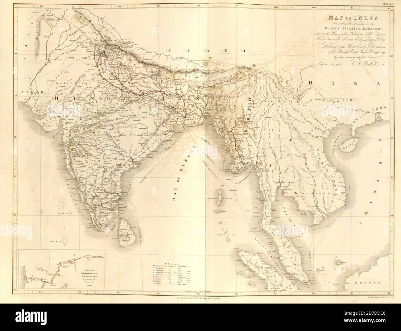 19th century map of India and Indochina From Plantae Asiaticae rariores, or, Descriptions and figures of a select number of unpublished East Indian plants Volume III by Nathaniel Wolff Wallich. Published in London in 1832 Stock Photo