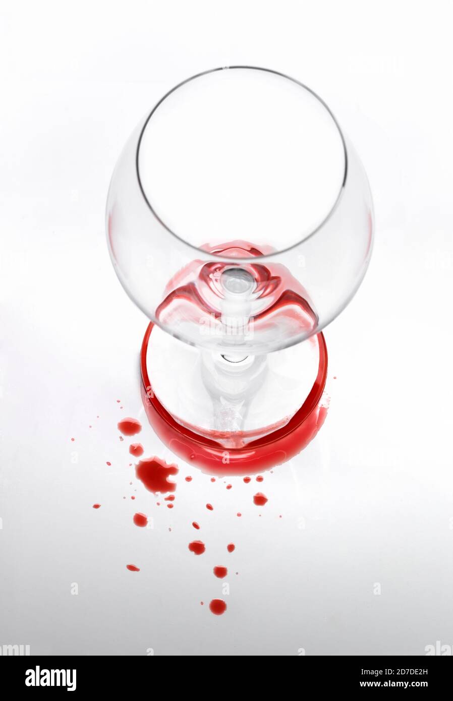 Shallow focus top view of empty glass of wine and wine stains Stock Photo