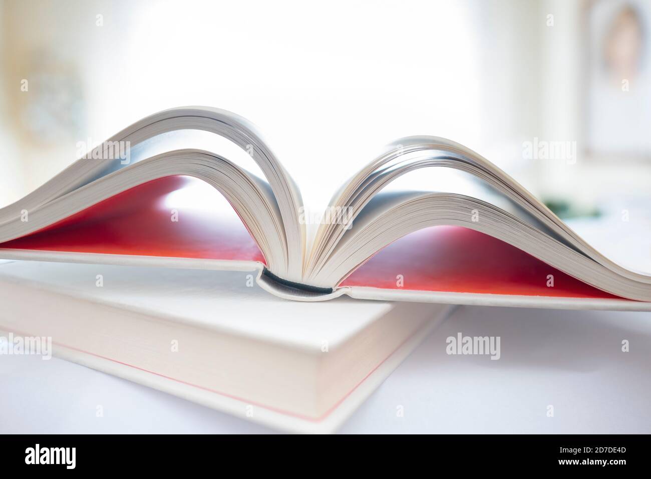 Shallow focus on open book in home environment. Focus on spine of book. Unfocused home environment Stock Photo