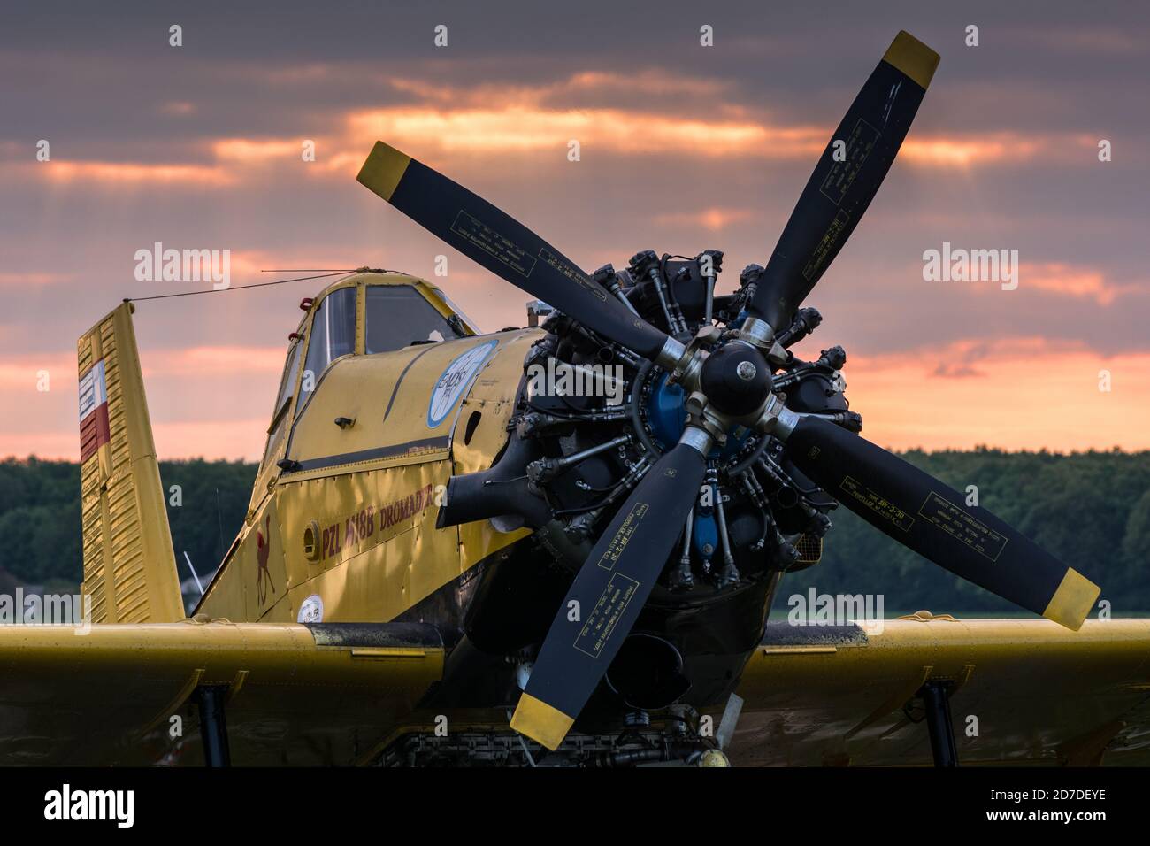 Polish classic airplane PZL M18 Dromader agricultural version on Radawiec airfield at dusk Stock Photo