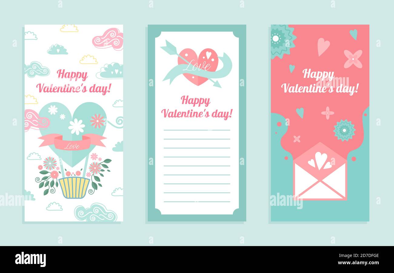 Happy Valentine day greeting card vector illustration set. Cartoon cute ...