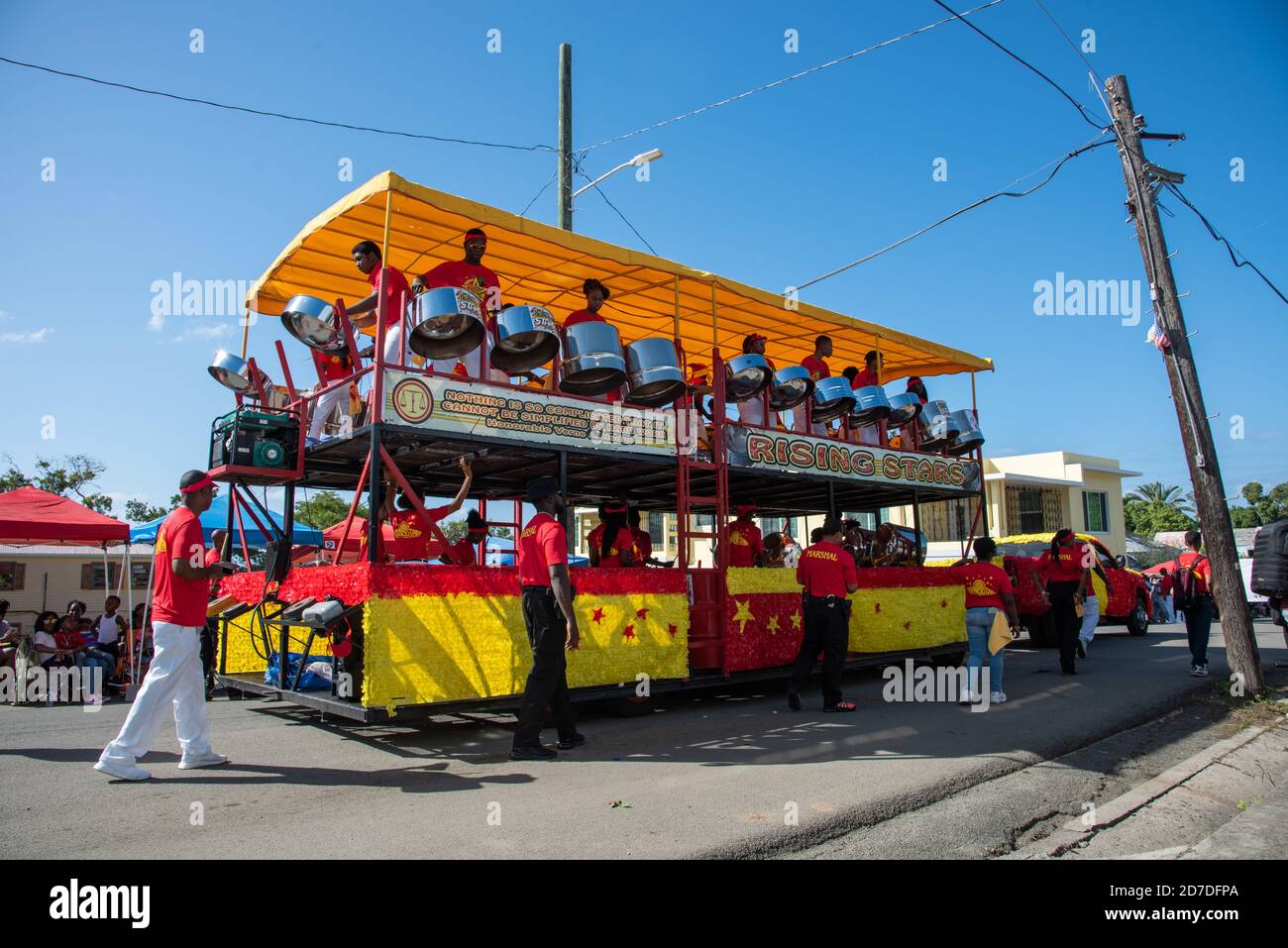 Frederiksted, St. Croix, US Virgin Islands-January 4,2020: Annual parade with Rising Stars youth steel pan orchestra on float performing to crowd. Stock Photo